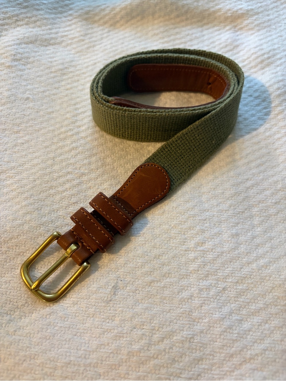 COACH-3806 Vintage Olive Linen/Leather Belt Brass Buckle Sz 38